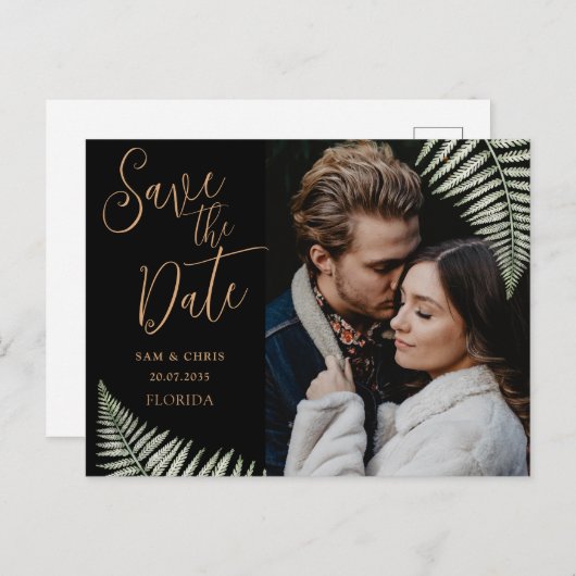 シンプル黒と金ゴールドフォトファーン日付を保存 案内ポストカード (正面/裏面)