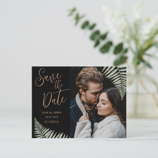 シンプル黒と金ゴールドフォトファーン日付を保存 案内ポストカード (スタンド正面)