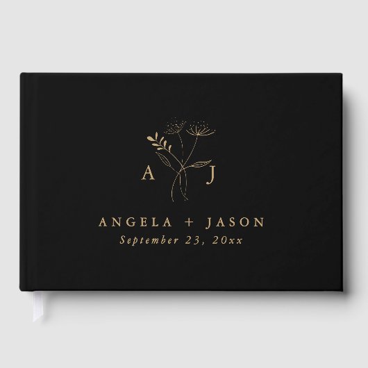シンプル黒と金ゴールド | 植物性モノグラム結婚ズ ゲストブック (正面)