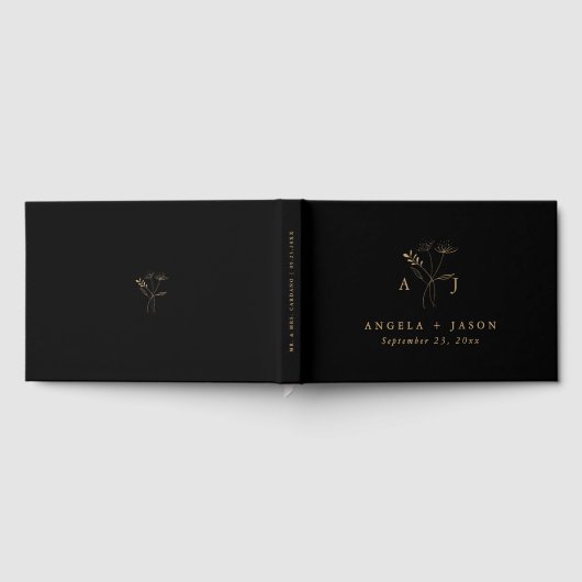 シンプル黒と金ゴールド | 植物性モノグラム結婚ズ ゲストブック (全面)