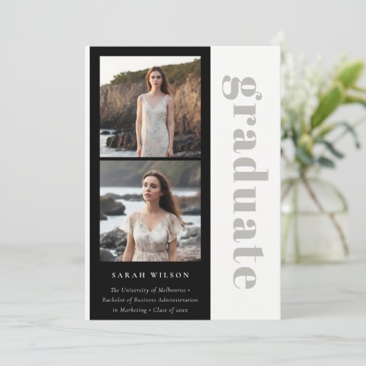 シンプル黒はっきりした白2写真卒業 案内状 (スタンド正面)