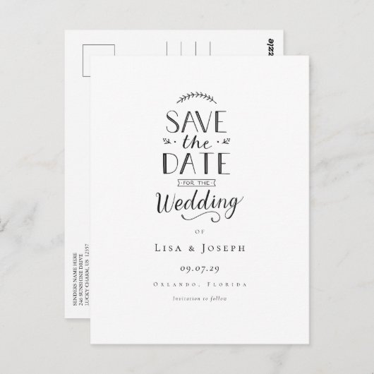 シンプル黒エレガントと白の日付を保存 ポストカード (正面/裏面)