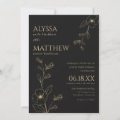 シンプル黒エレガントと金ゴールドのフローラ結婚の 招待状 (正面)