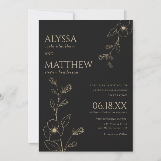 シンプル黒エレガントと金ゴールドのフローラ結婚の 招待状 (正面)