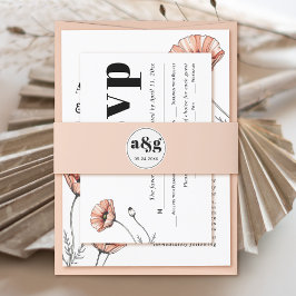 シンプル黒エレガントイニシャル桃結婚色 招待状ベリーバンド