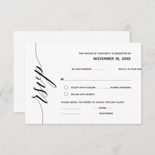 シンプル黒エレガント書記、ウェディングRSVP エンクロージャーカード (正面/裏面)