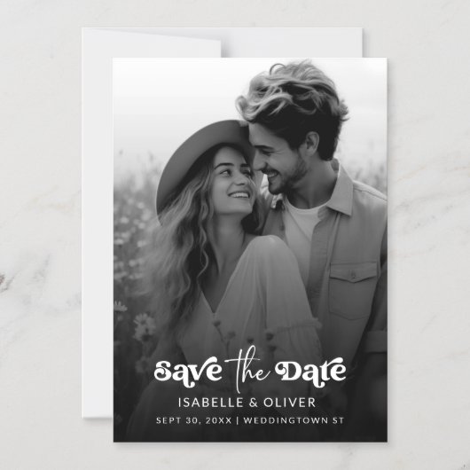 シンプル黒エレガント白の写真日付を保存 マグネット招待状 (正面)