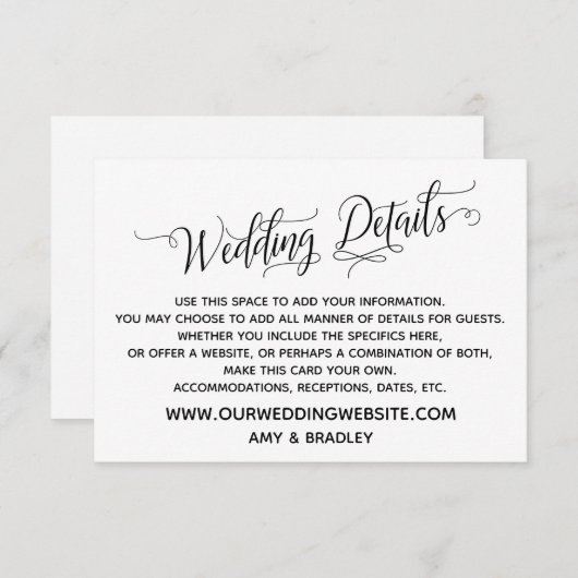 シンプル黒エレガント白の結婚詳細 エンクロージャーカード (正面/裏面)