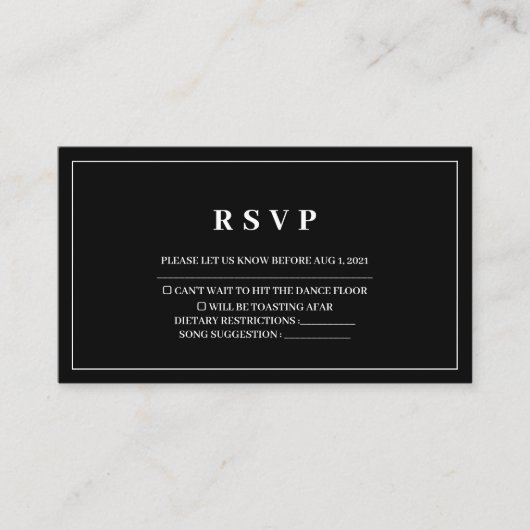 シンプル黒エレガント白ウェディングRSVPカード エンクロージャーカード (正面)