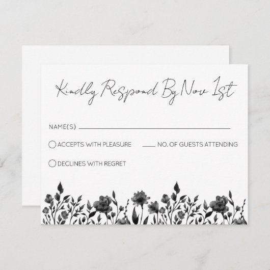 シンプル黒エレガント白ウェディングRSVP エンクロージャーカード (正面/裏面)