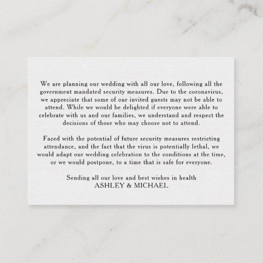 シンプル黒エレガント白コロナウイルス詳細E エンクロージャーカード (裏面)