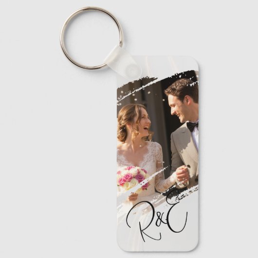 シンプル黒エレガント白2枚フォトキープサケ キーホルダー (正面)