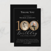 シンプル黒エレガント金ゴールド写真100誕生日 サンキューカード (正面/裏面)