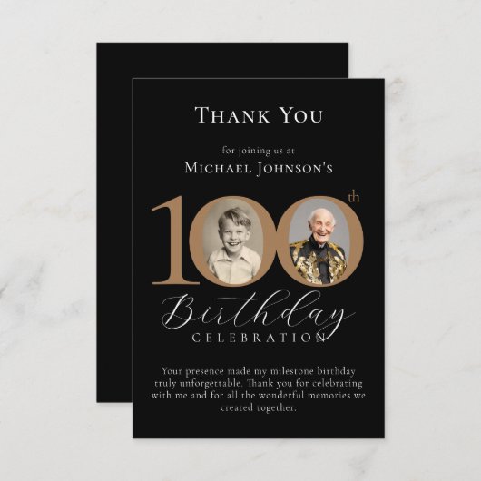 シンプル黒エレガント金ゴールド写真100誕生日 サンキューカード (正面/裏面)