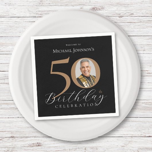 シンプル黒エレガント金ゴールド写真50誕生日 スタンダードカクテルナプキン