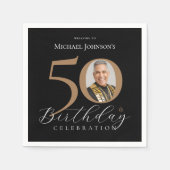 シンプル黒エレガント金ゴールド写真50誕生日 スタンダードカクテルナプキン (正面)