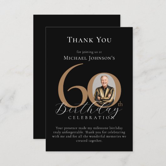 シンプル黒エレガント金ゴールド写真60誕生日 サンキューカード (正面/裏面)