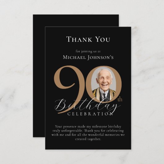 シンプル黒エレガント金ゴールド写真90誕生日 サンキューカード (正面/裏面)