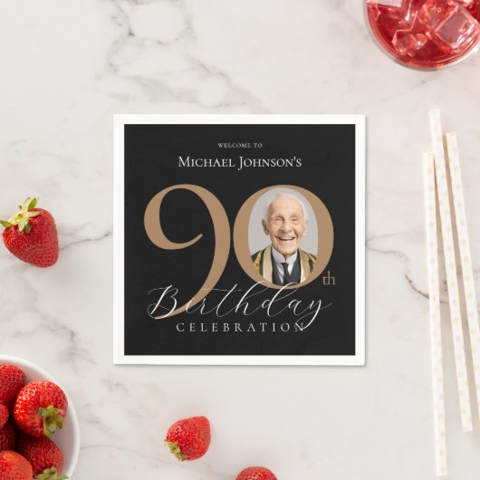 シンプル黒エレガント金ゴールド写真90誕生日 スタンダードカクテルナプキン (インサイチュ)