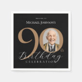 シンプル黒エレガント金ゴールド写真90誕生日 スタンダードカクテルナプキン (正面)