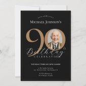 シンプル黒エレガント金ゴールド写真90誕生日 招待状 (正面)