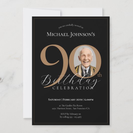 シンプル黒エレガント金ゴールド写真90誕生日 招待状 (正面)