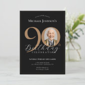 シンプル黒エレガント金ゴールド写真90誕生日 招待状 (スタンド正面)