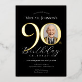 シンプル黒エレガント金ゴールド写真90誕生日 箔招待状 (正面)