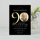 シンプル黒エレガント金ゴールド写真90誕生日 箔招待状 (立ち正面)