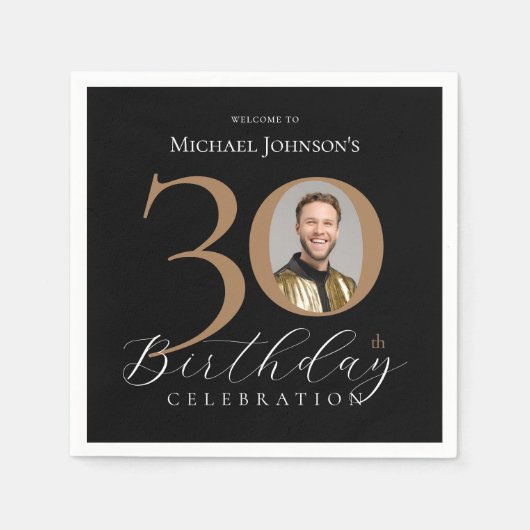 シンプル黒エレガント金ゴールド30歳の誕生日 スタンダードカクテルナプキン (正面)