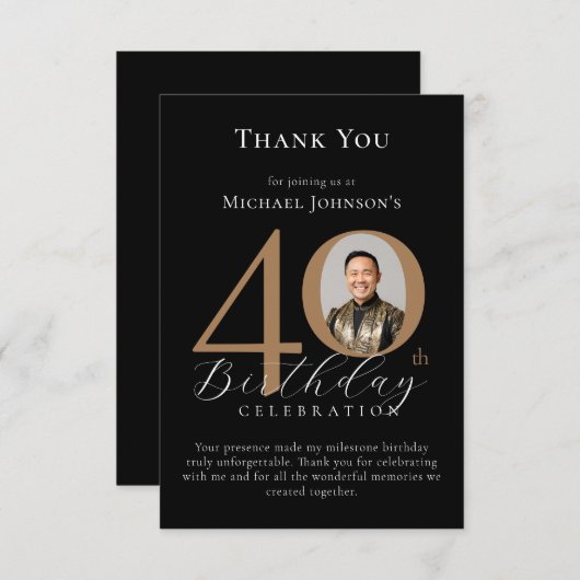 シンプル黒エレガント金ゴールド40歳の誕生日 サンキューカード (正面/裏面)