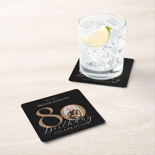シンプル黒エレガント金ゴールド80誕生日 スクエアペーパーコースター (インサイチュ)