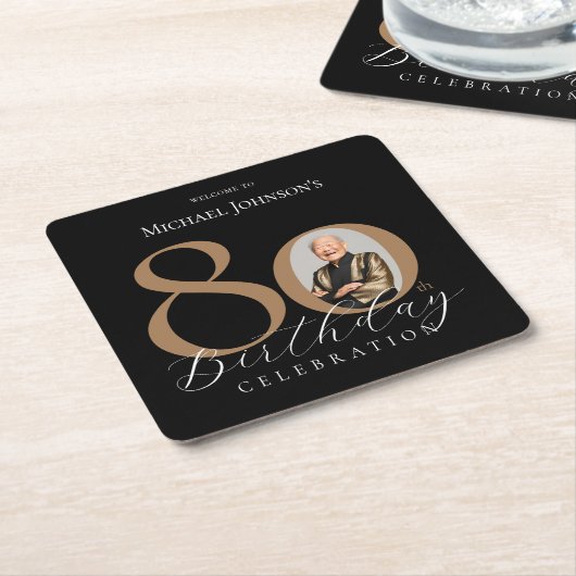 シンプル黒エレガント金ゴールド80誕生日 スクエアペーパーコースター (アングル)