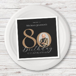 シンプル黒エレガント金ゴールド80誕生日 スタンダードカクテルナプキン