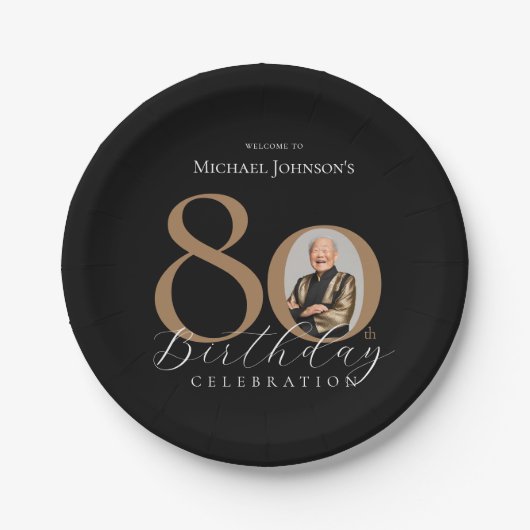 シンプル黒エレガント金ゴールド80誕生日 ペーパープレート (正面)