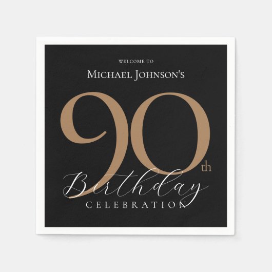 シンプル黒エレガント金ゴールド90誕生日 スタンダードカクテルナプキン (正面)