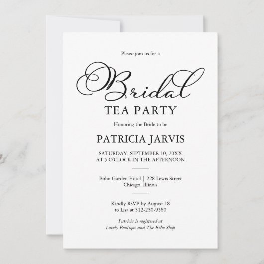 シンプル黒スエレガントクリプトブライダル茶パーティー 招待状 (正面)