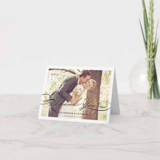 シンプル黒スタイリッシュクラシックScript写真結婚s サンキューカード (正面)