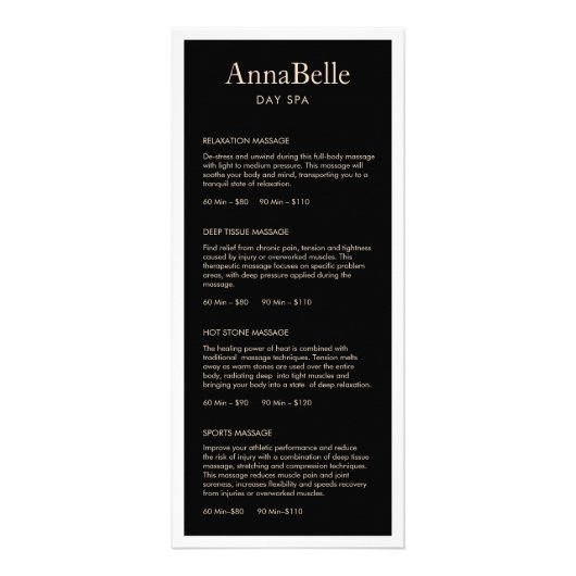 シンプル黒スパサロン価格表メニュー ラックカード (正面)