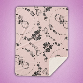 シンプル黒ハート、フローラ、インフィニティオンピンク | シェルパブランケット