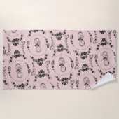 シンプル黒ハート、フローラ、インフィニティオンピンク | ビーチタオル (正面)