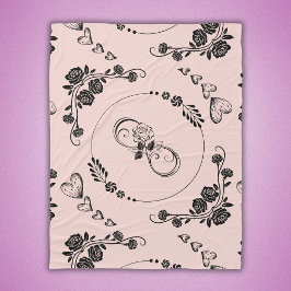 シンプル黒ハート、フローラ、インフィニティオンピンク | フリースブランケット