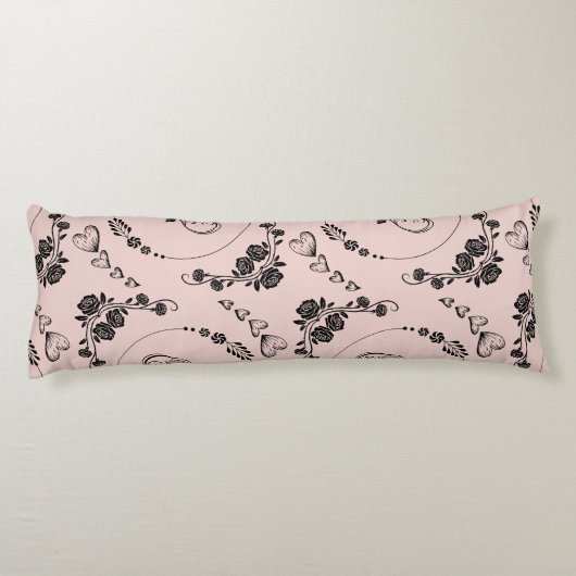 シンプル黒ハート、フローラ、インフィニティオンピンク | ボディピロー (裏面)