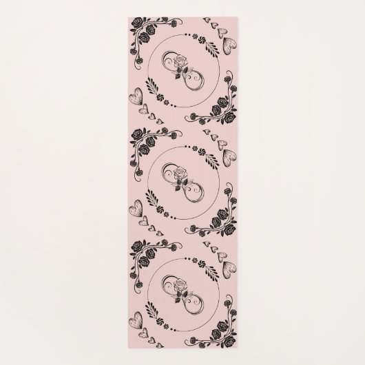 シンプル黒ハート、フローラ、インフィニティオンピンク | ヨガマット (裏面)