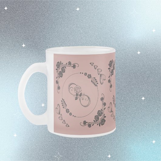 シンプル黒ハート、フローラ、インフィニティオンプラム | フロストグラスマグカップ