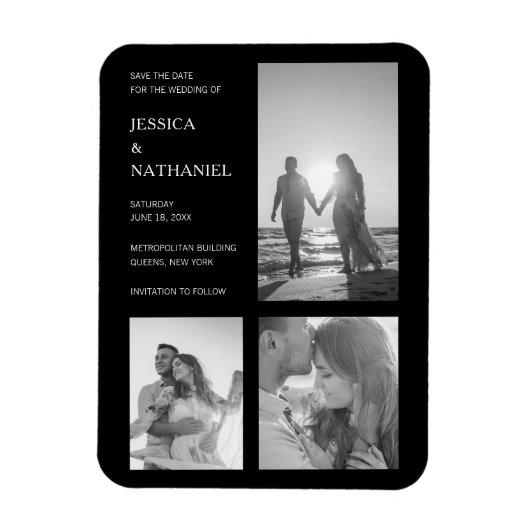 シンプル黒フォトコラージュ結婚ズ マグネット (縦)