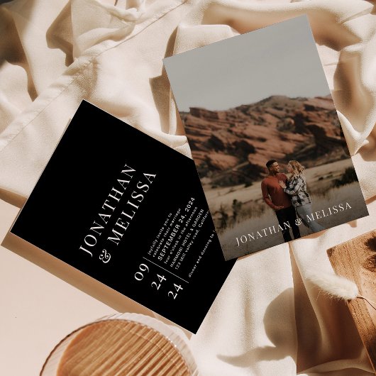 シンプル黒フォーマルタイポグラフィ写真結婚の 招待状