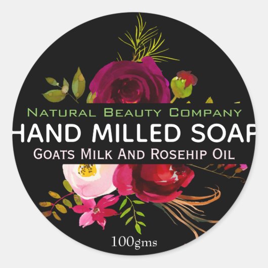 シンプル黒フローラ手作り石鹸ラベル ラウンドシール (正面)