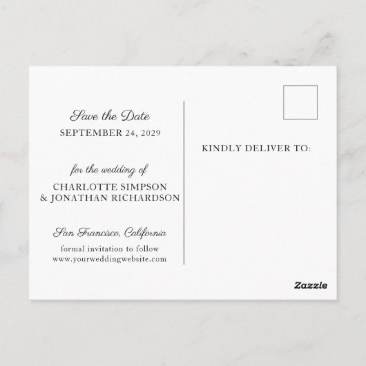 シンプル黒モダンと白の写真日付を保存 ポストカード (裏面)