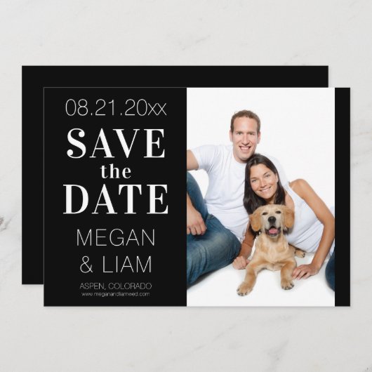 シンプル黒モダンと白の写真 セーブザデート (正面/裏面)